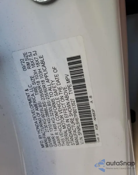 2023 Honda Odyssey Exl z USA, uszkodzony, nr VIN 5FNRL6H67PB013527